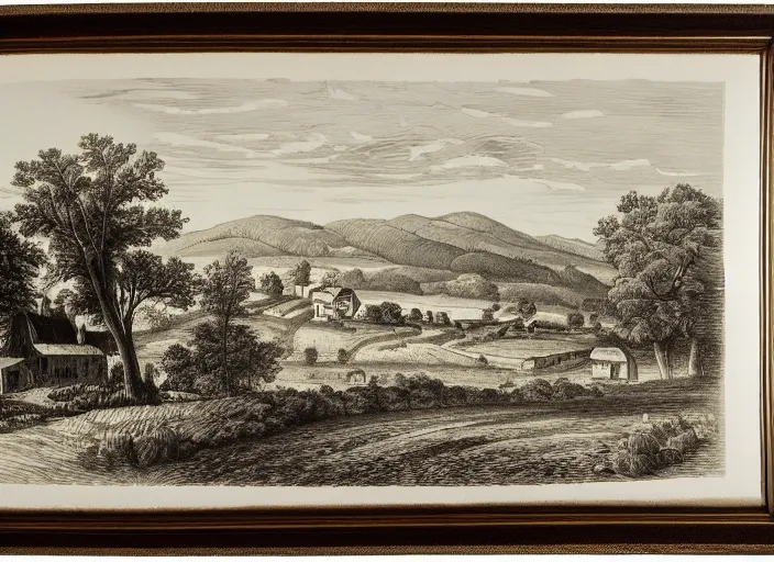 Image similar to a beautiful engraving print on paper of rural landscape with a farm