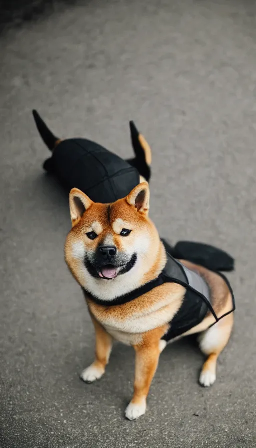 Image similar to a portrait shiba inu wearing a a black turtle neck and wearing a black barret, looking at the camera, bokeh, depth of feild, dslr photo