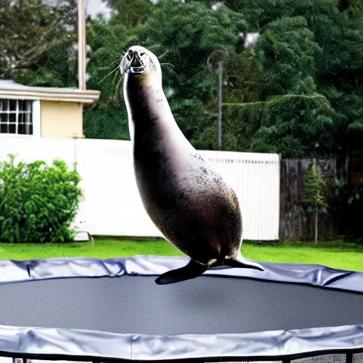 Image similar to hyperrealistic photo of a seal doing a backflip in a trampoline, realistic, hyperrealistic, real