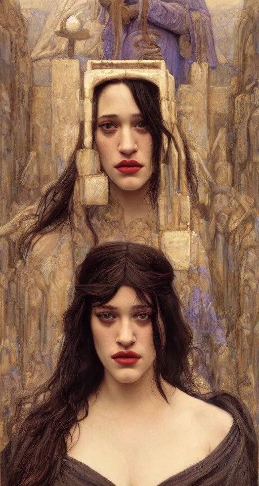 Prompt: Concept Art of cinematography of Terrence Malick film stunning portrait of featuring Kat Dennings as an ancient babylonian priestess, looking at camera, medium close up, by edgar maxence, artgerm, guweiz