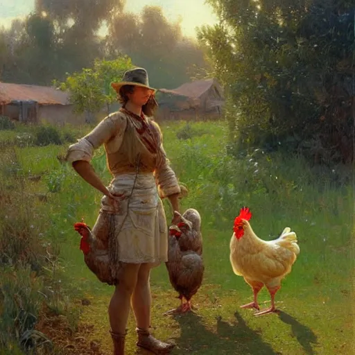 Prompt: chicken in the peaceful farm, highly detailed painting by gaston bussiere, craig mullins, j. c. leyendecker, 8 k