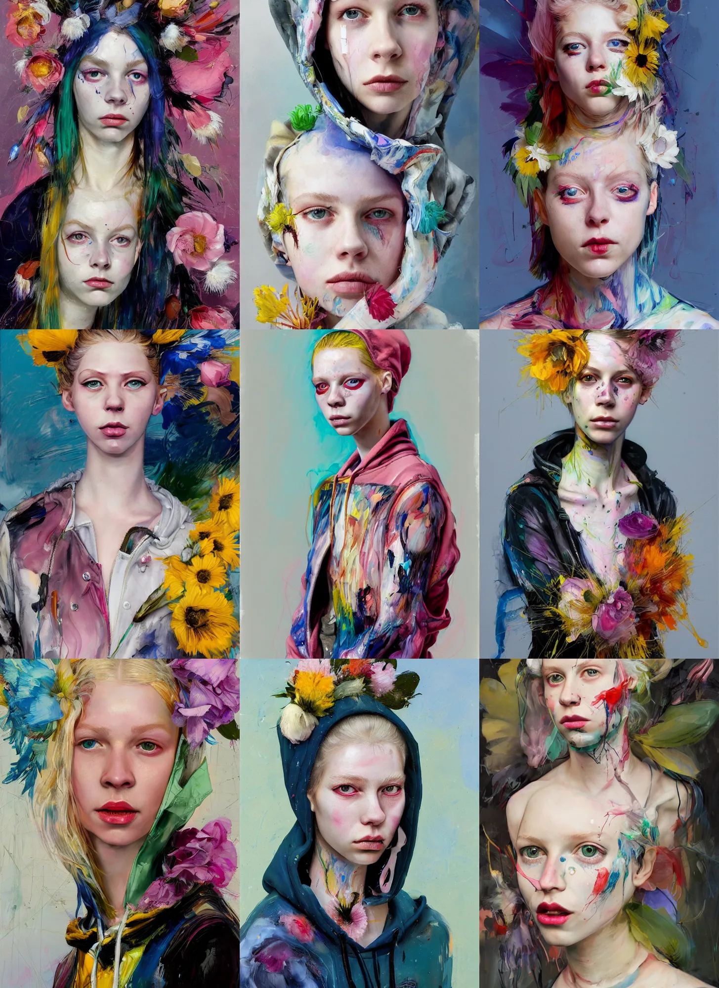 Prompt: 2 5 year old hunter schafer in the style of martine johanna and! jenny saville!, wearing a hoodie, standing in a township street, street fashion outfit, haute couture fashion shoot, mascara, full figure painting by john berkey, jeremy mann, joaquin sorolla, decorative flowers, 2 4 mm, die antwoord yolandi visser