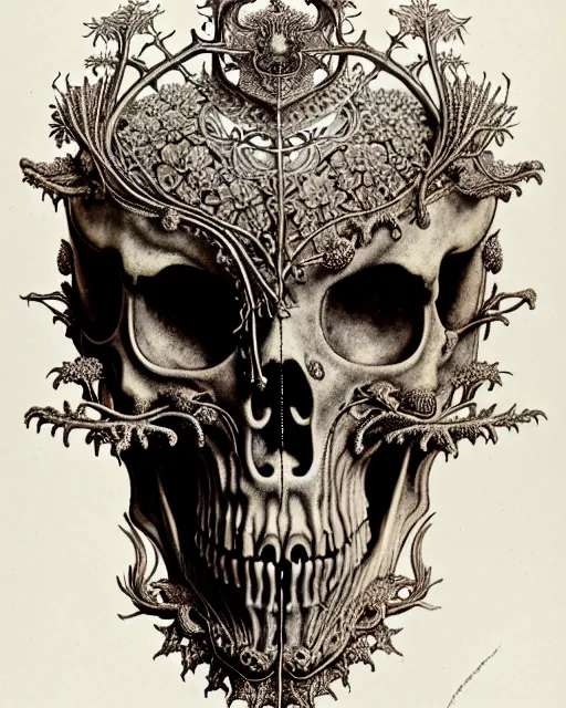 Image similar to art forms of nature by ernst haeckel, memento mori by arthur rackham, ornate antique porcelain beautiful skull mask, ultrasharp, photorealistic, hyperdetailed, octane render, polished, art nouveau, neo - gothic, gothic, intricate ornamental organic filigree, art nouveau botanicals, art forms of nature by ernst haeckel, horizontal symmetry, symbolist, visionary