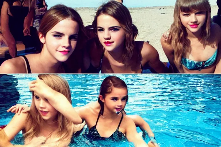 Image similar to emma watson and taylor swift and selena gomez swim together. perfect faces.