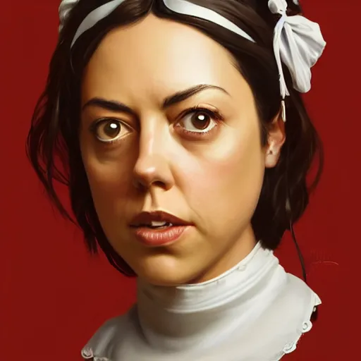 Image similar to detailed painting of aubrey plaza wearing a maid outfit, really large bust, intricate features, 8 k, by greg rutkowski, artgerm, global illumination