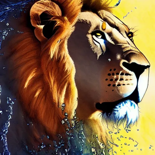 Image similar to a male lion's face breaching through a wall of water, water sprites, splashing, deep blue water color, highly detailed, realistic digital art