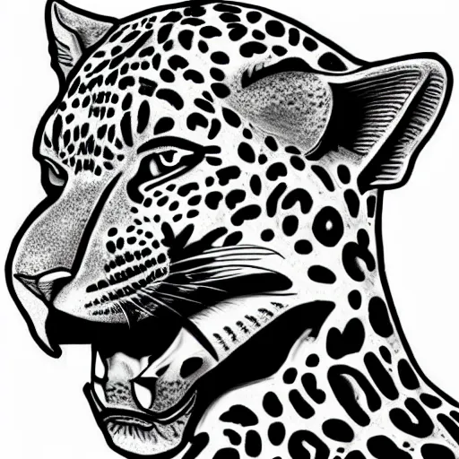 Prompt: jaguar head tattoodesign, frontview, black and white, white background. very detailed ink drawing, fine lineart, extremely detailed