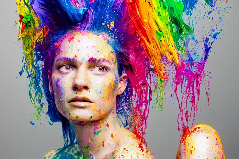 Image similar to a highly detailed cinematic headshot portrait photograph of a woman with a liquid paint headdress, with rainbow paint splash, melting smoothly into other faces, liquid, ultra realistic, beautiful rim lighting, by richard avedon and annie leibovitz and arnold newman, photorealistic, hyperrealistic, octane, high speed camera, zeiss lens, sharp focus, paint splash