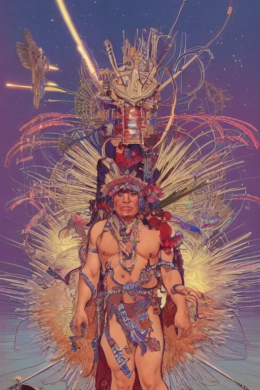 Image similar to serene scene of a futuristic apache medicine man telling stories around an electronic fire, by artgerm and yoshitaka amano and moebius and alphonse mucha, hyperdetailed, dc comics, ornate, nebula, explosions in the sky, trending on artstation