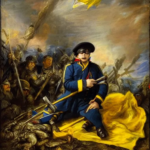 Image similar to Volodymyr Zelensky at war, dressed like Napoleon Bonaparte, sitting on the ground between dead corpses and weeping, holding a half burnt blue and yellow flag of Ukraine, in the style of Peter Paul Rubens