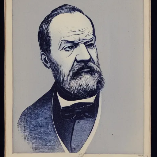 Prompt: Woodcut portrait of old bearded Louis Pasteur wearing a blue baseball cap