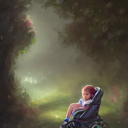 Prompt: a cute cerebral palsy girl child on her stroller, at the park, magical atmosphere, trending on artstation, 30mm, by Noah Bradley trending on ArtStation, deviantart, high detail, stylized portrait