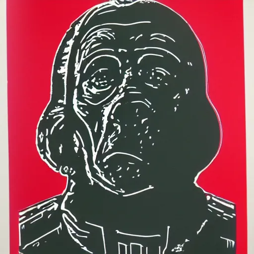 Image similar to three colour lino cut of ALF frozen in Carbonite
