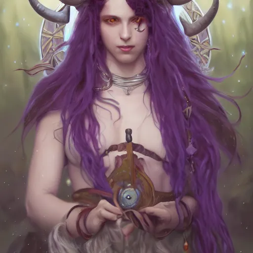 Image similar to cute Whimsical Tiefling Druid with cute horns and long purple hair,silver eyes, light-brown skin, D&D, fantasy, portrait, highly detailed, digital painting, artstation, concept art, sharp focus, illustration, art by greg rutkowski and alphonse mucha