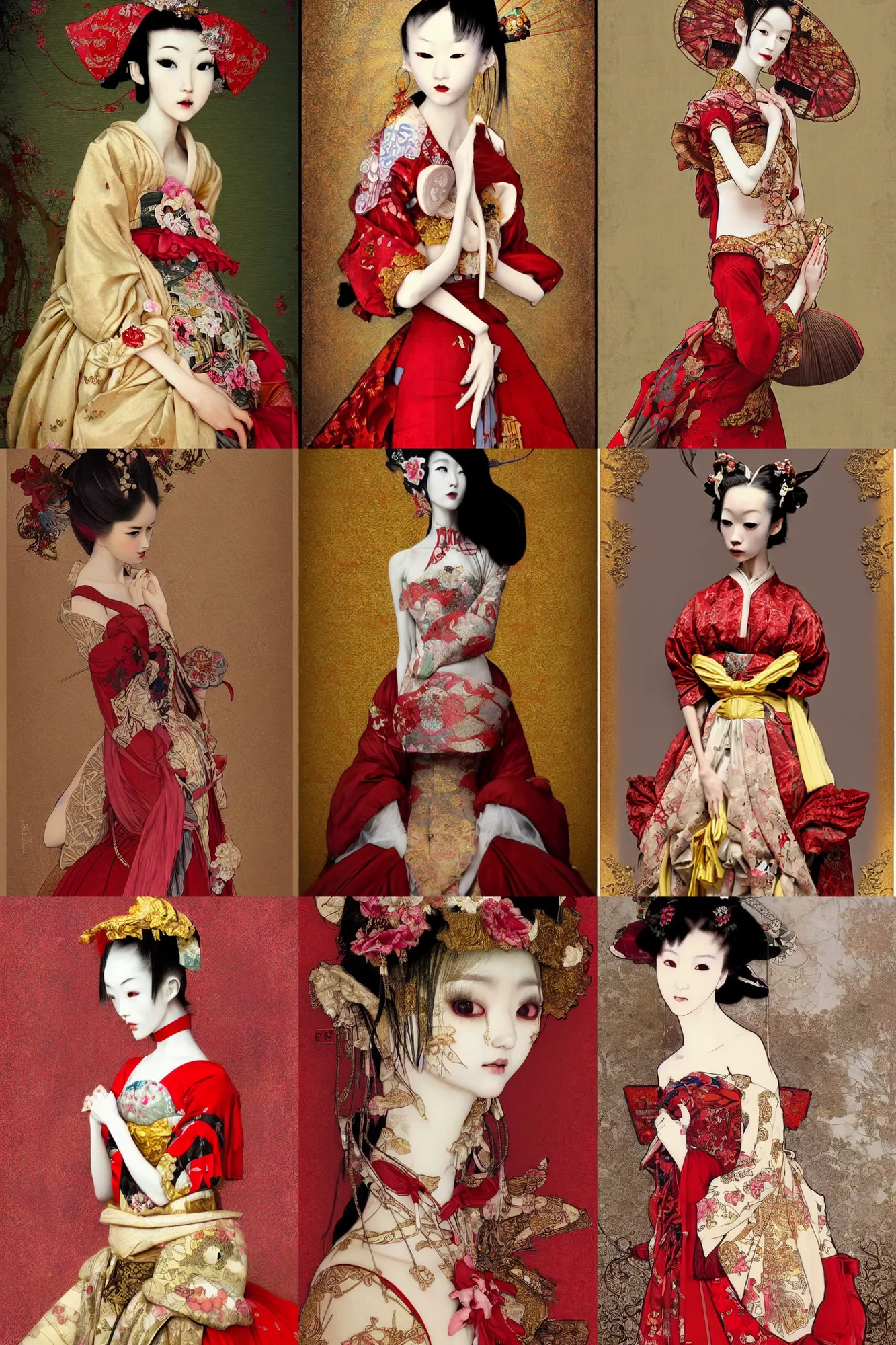 Prompt: photorealistic avant - garde vogue portrait of an emaciated japanese bjd geisha queen with a long neck in a victorian lolita fashion red dress in the style of dark - fantasy by nekro, alphonse mucha, intricate detail, cgsociety, rococo, gold leaf art