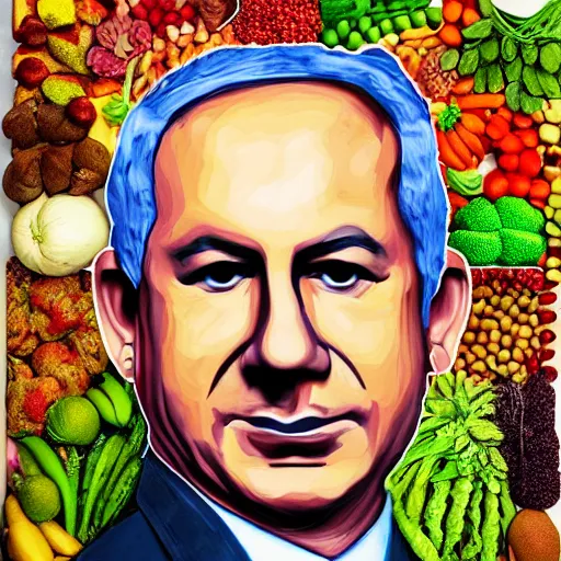 Image similar to portrait of benjamin netanyahu made of fruits vegetables and flowers