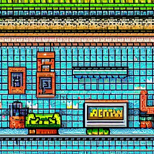 Image similar to a lazy miner, train station background, 8 - bit pixel art. cute.