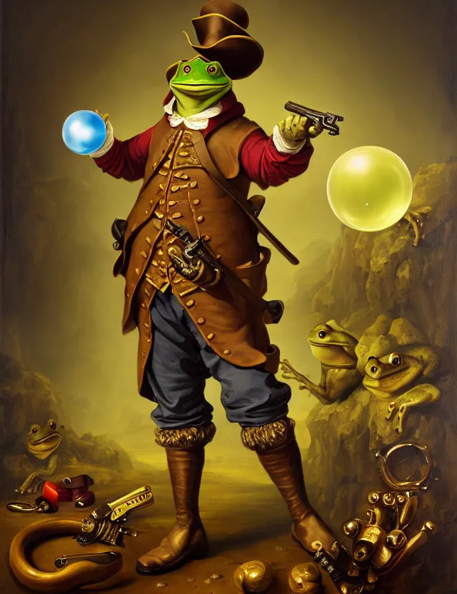 Image similar to anthropomorphic bipedal frog that is dressed as a medieval worker, and dual wielding revolver pistols, as a baroque oil painting and d & d character art, by alexander roslin, standing, fullbody, floating bubbles, enlightenment, mystic, concept art, award - winning, extremely detailed, sharp focus