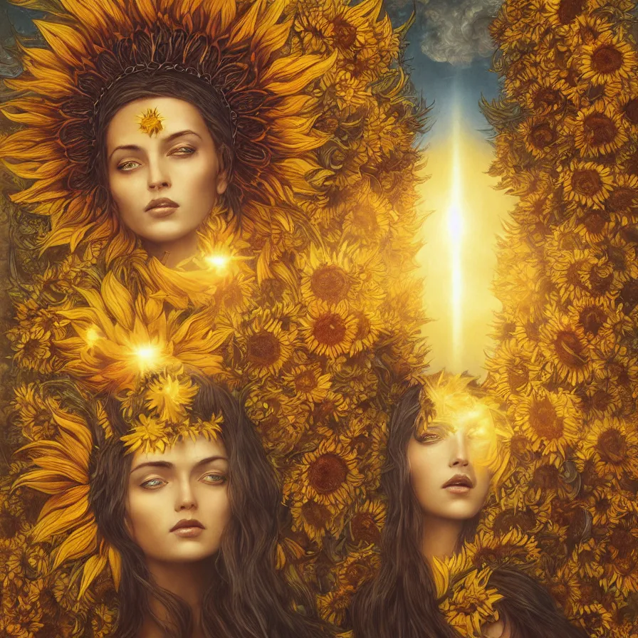 Prompt: The goddess of sunflower wearing an helianthus golden crown and presiding over the rays of the sun, by Anato Finnstark, Tom Bagshaw, Brom