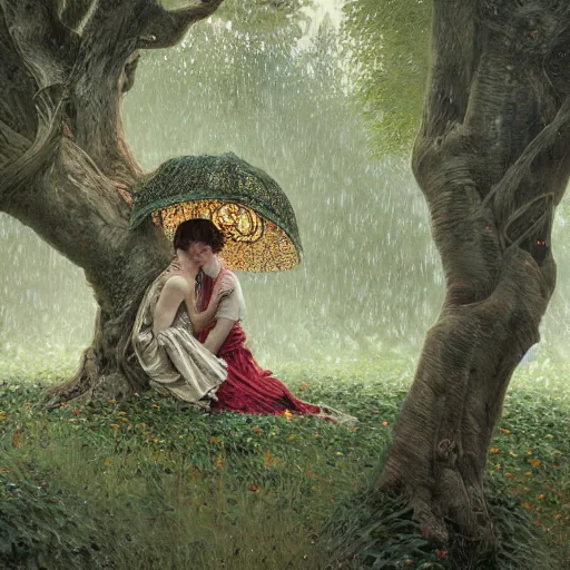 Prompt: two people resting beneath a massive tree during rainstorm, hyper detailed, digital illustration, illustration, trending in artstation, cinematic lighting, studio quality, sharp focus, intricate, elegant, art style by alphonse mucha, klimt and nixeu, ian sprigger, wlop, krenz cushart, greg rutkowski