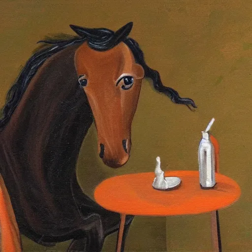 Prompt: a painting of a horse picking its nose, while in a cafe