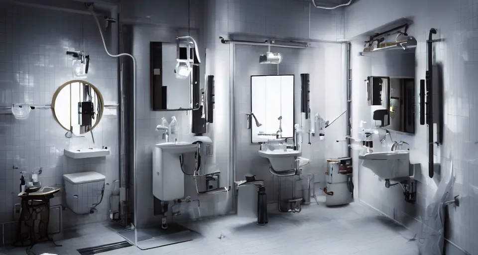 Prompt: IKEA catalogue photo of an epic cyberpunk bathroom, designed by Nikola Tesla, 8k, HD, realistic, cinematic