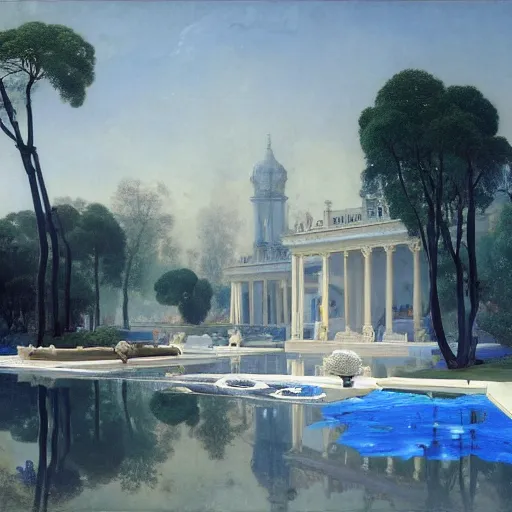 Prompt: gardens of marble draped in floating flowing sheets of cobalt blue satin and silver satin, by ivan aivazovsky and pieter claesz and paul delaroche and alma tadema and august malmstrom and willem claesz heda and aelbert cuyp and asher brown durand and moebius and syd mead and roger dean, hyperrealistic, volumetric light, octane render