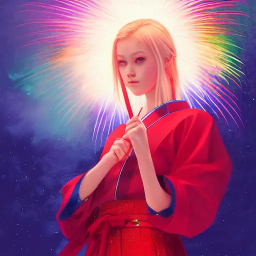 Image similar to colorful and festive captivating teenager girl with blonde hair, red japanese traditional clothes, shooting a firework with bow and arrow at the sky. rich vivid colors, ambient lighting, dynamic lighting, 4 k, atmospheric lighting, painted, intricate, highly detailed by charlie bowater