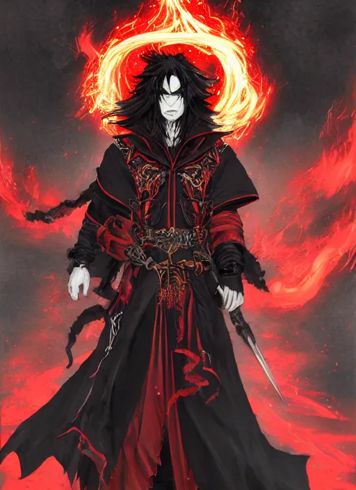 Image similar to Half body portrait of a handsome elf fire mage with long black hair wearing ornate scarlet robe, crazy grin, flame, anarchy. In style of Yoji Shinkawa and Hyung-tae Kim, trending on ArtStation, dark fantasy, great composition, concept art, highly detailed, dynamic pose.