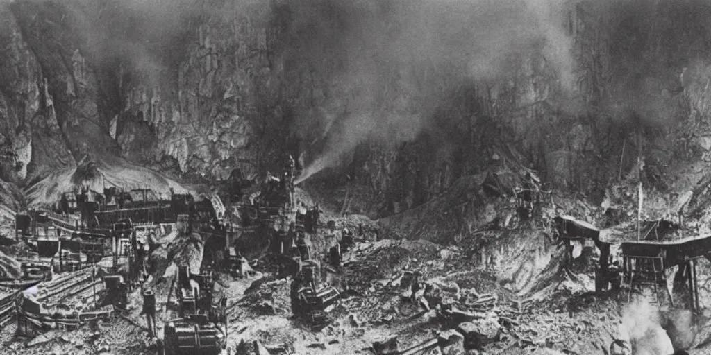 Prompt: 1 9 2 0 s photography of giant fuming mining machinery mining the dolomites, cleared forest, lonely human workers with pickaxes and gas masks, eerie, dark, by william hope