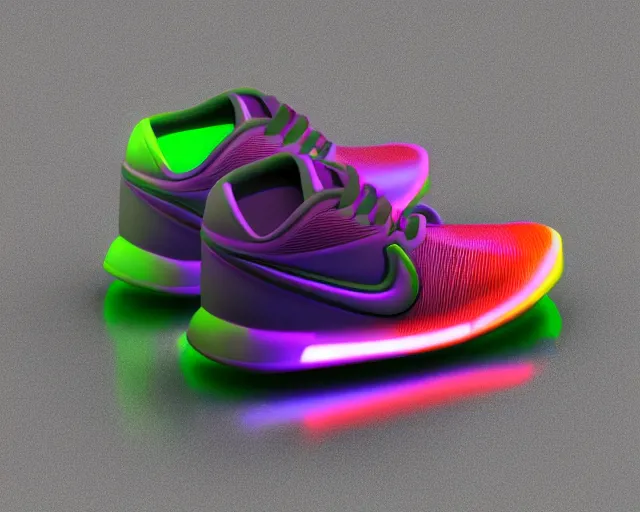 Image similar to A 3D model of of futuristic nike sneakers with neon lights from below, highly detailed, award winning