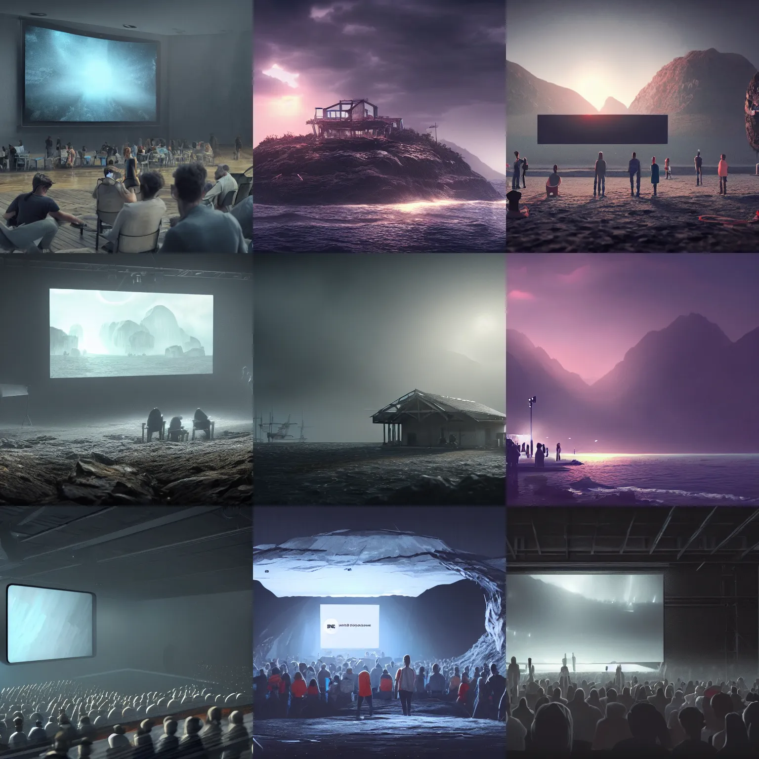 Prompt: digital concept art of a very small!!! dark island show venue with a large bright screen in front of twenty people, grey, realistic, octane render, high detail, environment, sharp focus, artstation