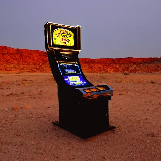 Prompt: a distant slot machine in the middle of a desert, wide shot, establishing wide shot, dark lighting, long exposure photography, slow shutter,