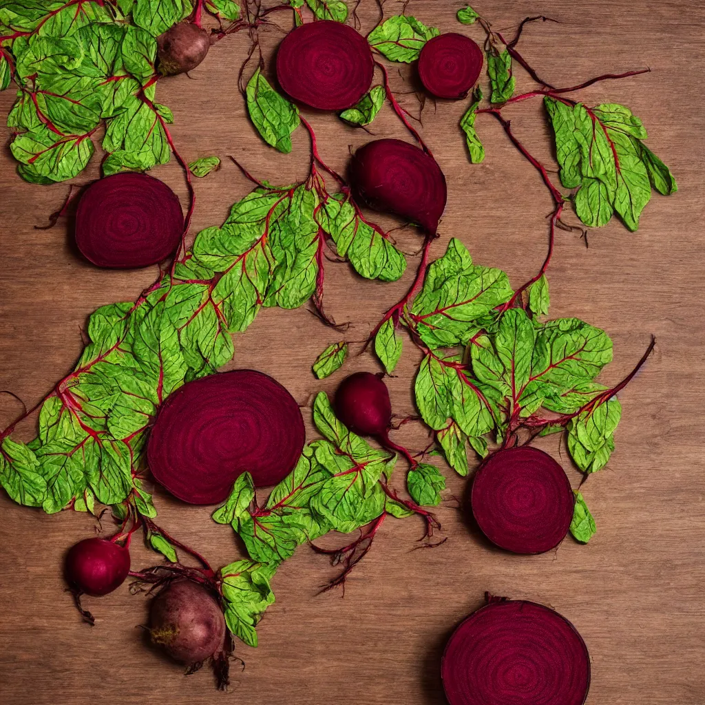 Image similar to embroidered beetroot with embroidered leaves and fractal roots, over vivid wood table, food photography. post - production : super detailed : masterpiece