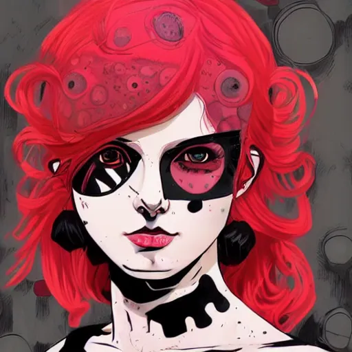 Image similar to Highly detailed portrait of pretty punk zombie young lady with, freckles and beautiful hair by Atey Ghailan, by Loish, by Bryan Lee O'Malley, by Cliff Chiang, inspired by image comics, inspired by graphic novel cover art, inspired by izombie, inspired by scott pilgrim !! Gradient red, black and white color scheme ((grafitti tag brick wall background)), trending on artstation