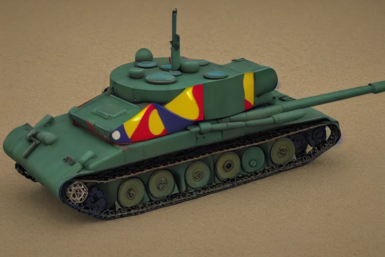 Image similar to product photo of life sized toy military tank made by fisher price, colorful plastic, high quality, intricate detail, realistic textures, octane render, unreal engine 5, hyperrealism