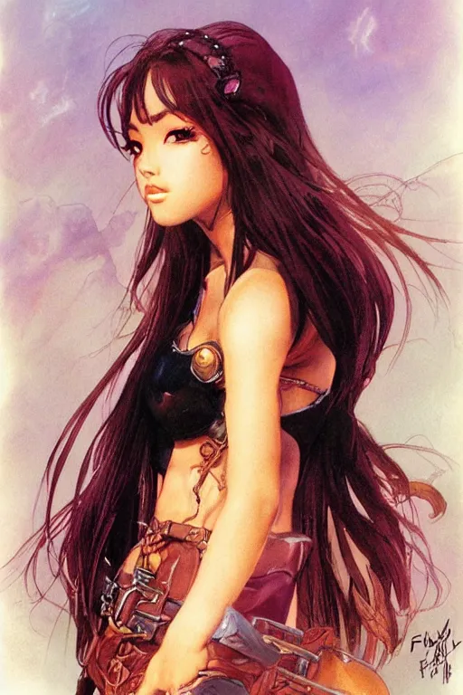 Image similar to a portrait of a cute fantasy girl, looks like lisa from blackpink, by frank frazetta, larry elmore, jeff easley and ross tran