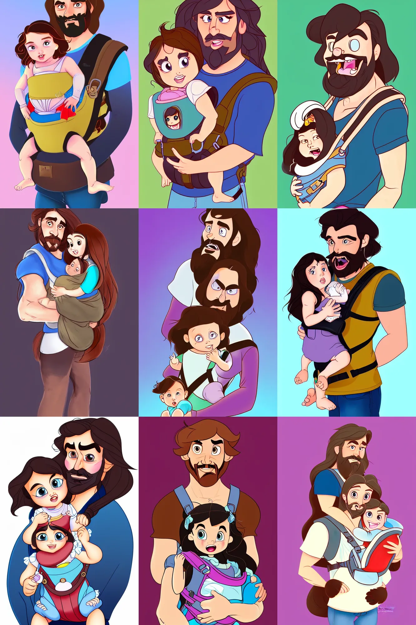 Image similar to a long - haired bearded father and his cartoonish brunette child toddler girl in a baby carrier full color digital illustration in the style of don bluth, artgerm, artstation trending, 4 k