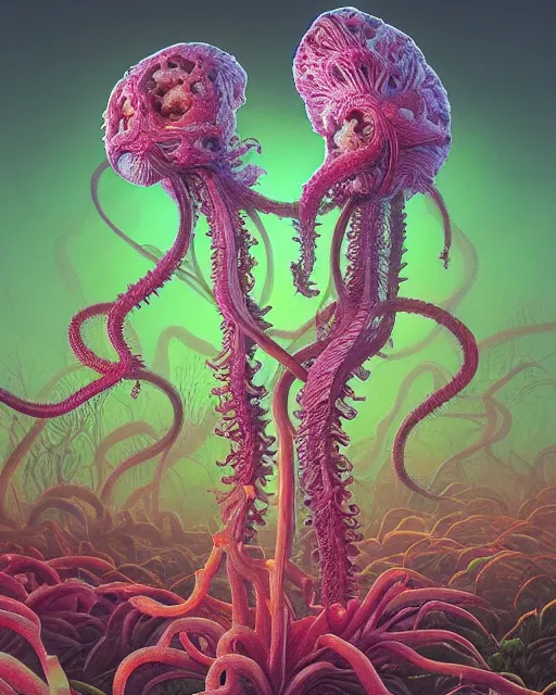 Image similar to scientific botanical illustration of beautiful alien plants with glowing parts, with slimy tentacles, trending on artstation, by james jean and simon stalenhag and zdzisław beksinski, hyper realistic, raytracing, rendering, synthwave color scheme