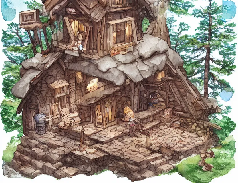 Image similar to cute and funny, a magicians cabin carved into a mountain, centered award winning watercolor pen illustration, isometric illustration by chihiro iwasaki, edited by range murata, tiny details by artgerm and watercolor girl, sharply focused