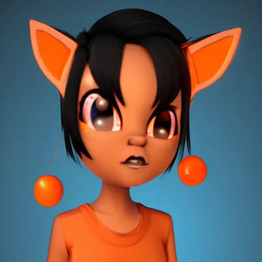 Image similar to tomboy cartoon girl with dark skin, black hair, wolf ears and glowing orange eyes, deviantart, artstation