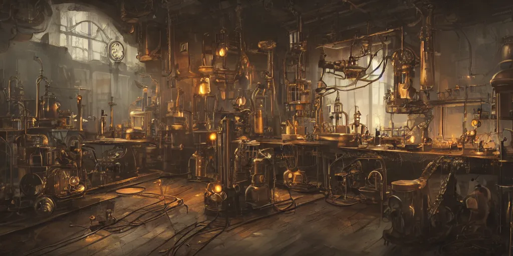 Image similar to kitbash of steampunk laboratory by Max Bedulenko, trending on Artstation, 8k, photorealistic, hyper detailed, unreal engine 5, cinematic color grade, epic lighting