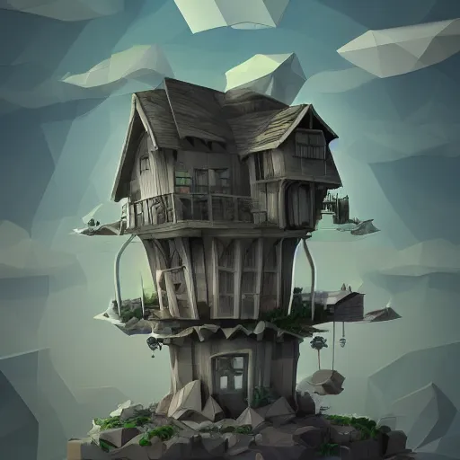 Prompt: floating spooky house in the sky, low poly, isometric art, 3d art, waterfall, high detail, artstation, concept art, behance, ray tracing, smooth, sharp focus, ethereal lighting