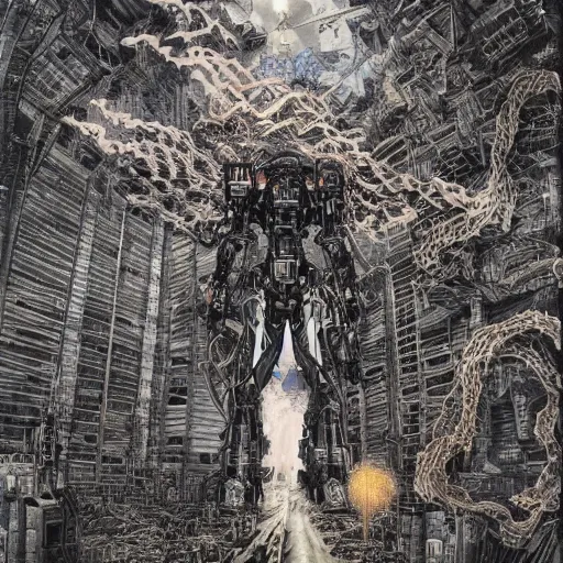 Prompt: mecha from hell, wind, hell machine, by nekro godmachine victo ngai yoji shinkawa junji ito shintaro kago apophasis hyperrealism, ominous, dark powers, incredible, huge, cityscape destruction,