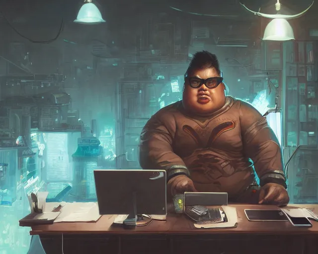 Image similar to an insanely detailed painting of a slightly chubby, nerdy asian man wearing a superhero costume and mask, sitting at a desk, staring at the nervously at the computer and typing, in the style of peter mohrbacher, dramatic lighting and composition, octane render, trending on artstation, concept art, comic book, view from behind