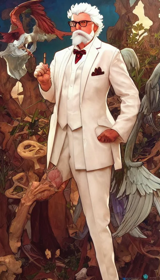 Prompt: a full body portrait of colonel sanders the greek god!! explaining, background of rednecks, extremely beautiful, anatomically accurate, by artgerm and by greg rutkowski and by alphonse mucha and by simon bisley, radiant light, detailed and intricate environment,