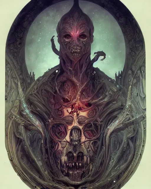 Prompt: perfectly centered portrait front view of a dead rotten daemon growing ornamentation, ornate, detailed, symmetrical, elegant, beautifully soft lit, by wayne barlowe, peter mohrbacher, kelly mckernan