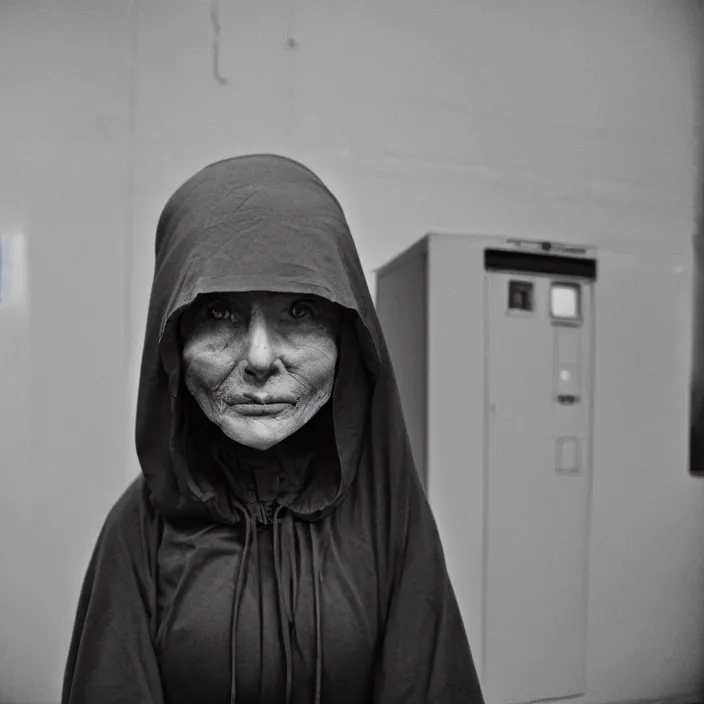 Image similar to a woman wearing a hood made of wire and plastic, in a laundry mat, by jan van eyck, canon eos c 3 0 0, ƒ 1. 8, 3 5 mm, 8 k, medium - format print