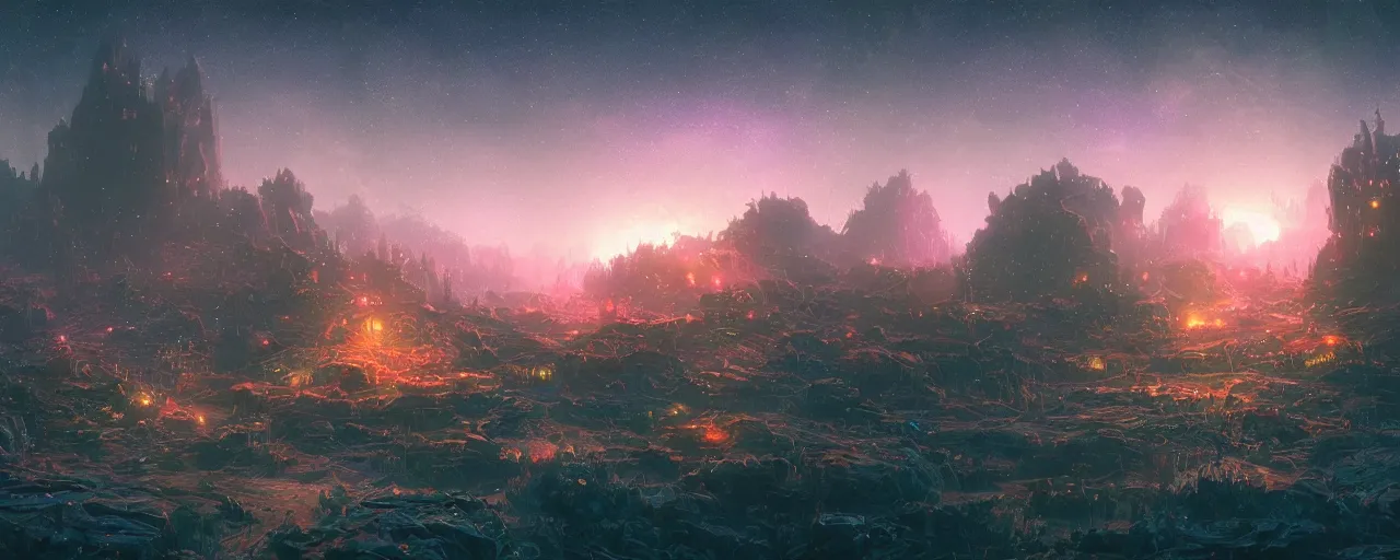 Image similar to ” otherwordly landscape at night, [ bioluminescense, cinematic, detailed, epic, widescreen, opening, establishing, mattepainting, photorealistic, realistic textures, octane render, art by slop and paul lehr ] ”