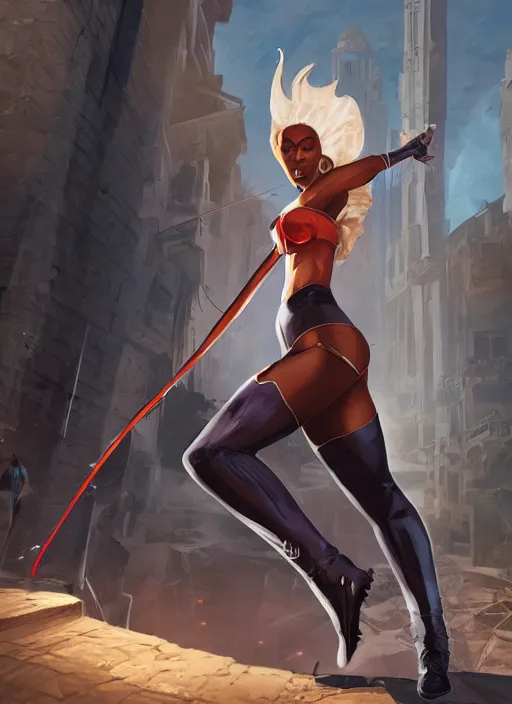 Image similar to An epic fantasy comic book style portrait painting of a young Ororo Munroe escaping capture on the streets of Cairo, Unreal 5, DAZ, hyperrealistic, RPG portrait, dynamic lighting